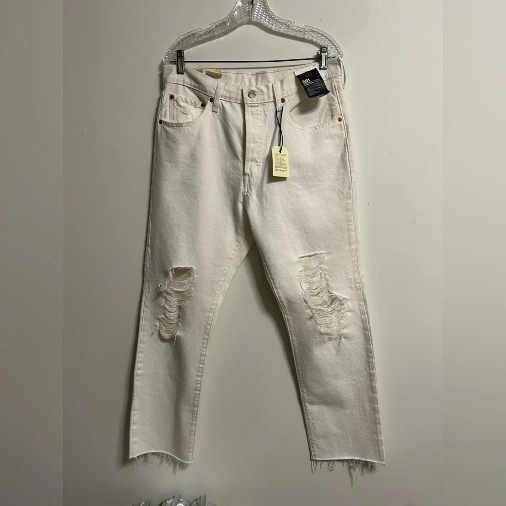 Levi’s White 501 Original Cropped‎ White Ripped  Jeans